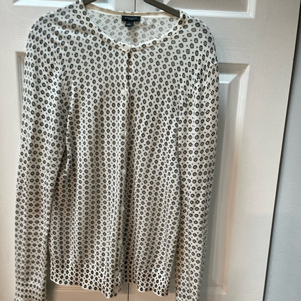 Ann Taylor Factory Blue and White Patterned Cardigan